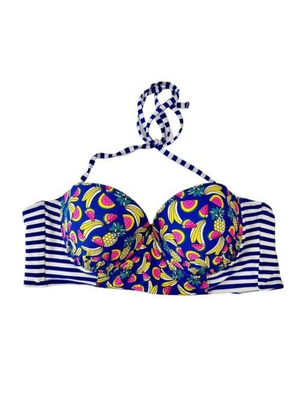 Bongo Women SZ XL Striped Halter Bikini Top With Fruit Print & Cage Back Style